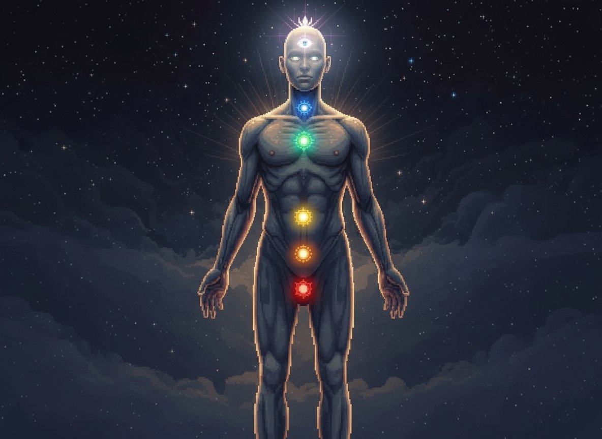 Interactive diagram showing 7 chakras locations on human body with chakra system visualization
